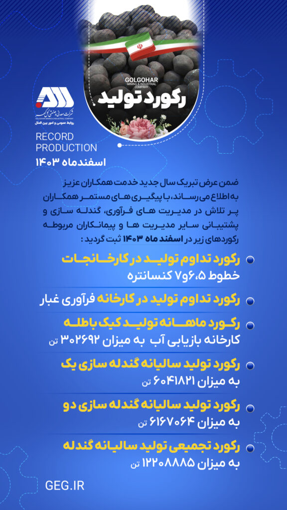 رکوردهای تولید شرکت معدنی‌ و صنعتی گل‌گهر در اسفند ۱۴۰۳